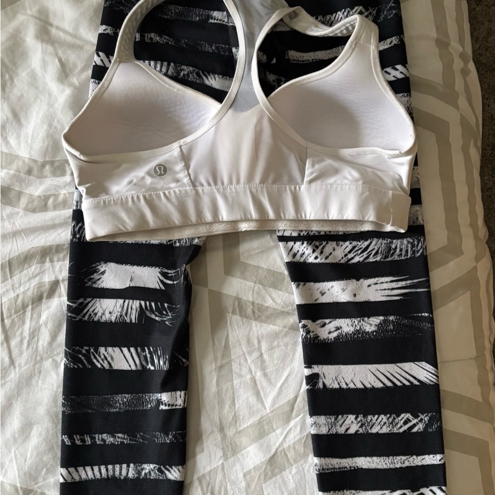 Lululemon White Bra and Black Striped Leggings